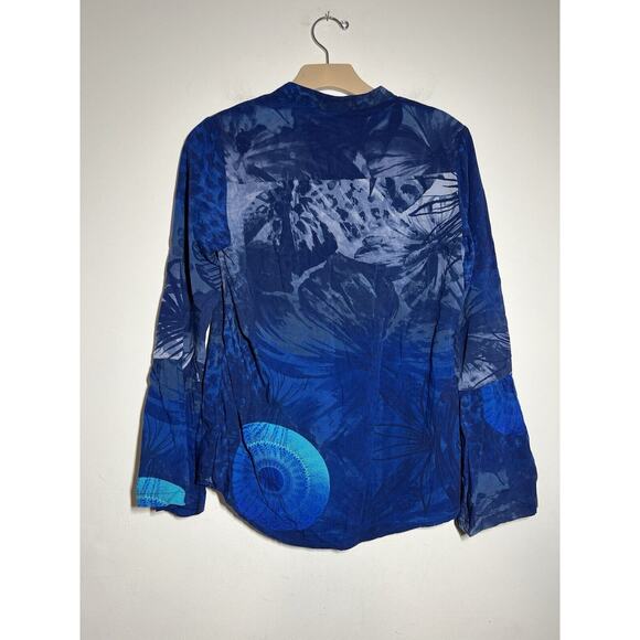 Desigual EUC Blue Embroidered Batinga Button Up Flutter Sleev Top Shirt Blouse M - Picture 8 of 10